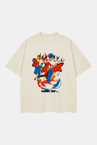 DOODLE FACE WITH COLORED PAINT DROP SHOULDER OVERSIZED TEE