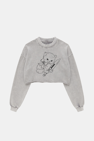 CUTE CAT HAS A KNIFE LONG SLEEVE CROP TOP