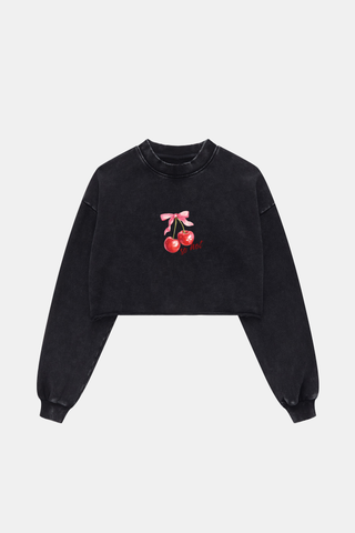 CHERRY AND RIBBON BOW LONG SLEEVE CROP TOP