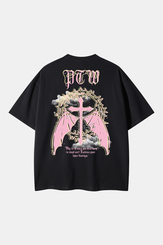 HOLY GEAR AND CROSS WITH WINGS DROP SHOULDER OVERSIZE TEE
