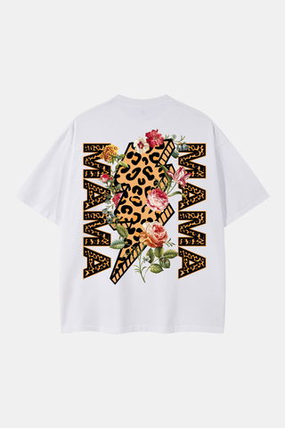 LEOPARD PRINT HEART SYMBOL AND LIGHTNING SHAPE WITH FLOWERS OVERSIZE TEE